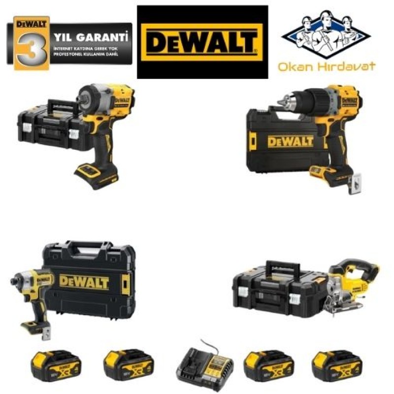 DEWALT 4'LÜ SET DCF922 + DCD800 + DCF887 + DCS334 + 4 ADET 4 AMPER AKÜ + SARJ ALETİ