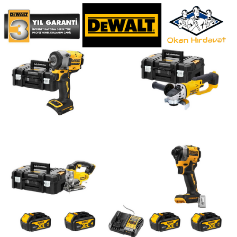 DEWALT 4'LÜ SET DCF922 + DF850+ DCG412 + DCS334 + 4 ADET 4 AMPER AKÜ + SARJ ALETİ