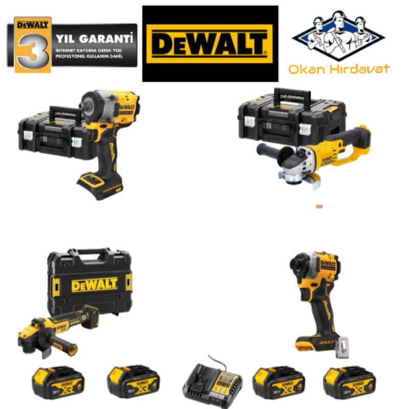 DEWALT 4'LÜ SET DCF922 + DF850+ DCG412 + DCG409 + 4 ADET 4 AMPER AKÜ + SARJ ALETİ