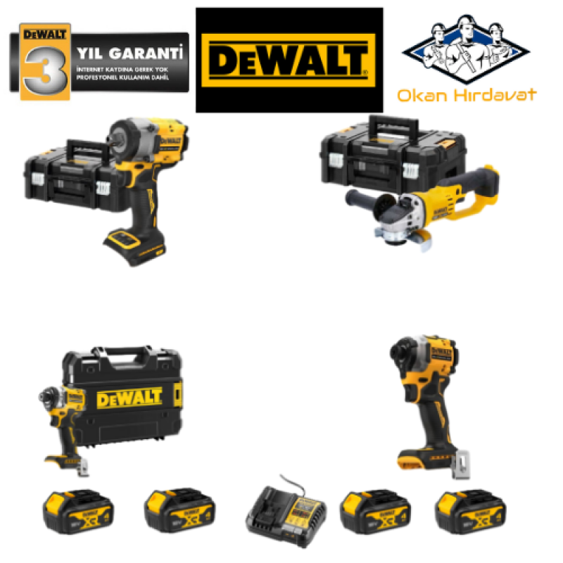 DEWALT 4'LÜ SET DCF922 + DF850+ DCG412 + DCF860 + 4 ADET 4 AMPER AKÜ + SARJ ALETİ
