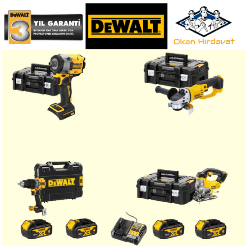 DEWALT 4'LÜ SET DCF922 + DCG412+ DCS334 + DCD805 + 4 ADET 4 AMPER AKÜ + SARJ ALETİ