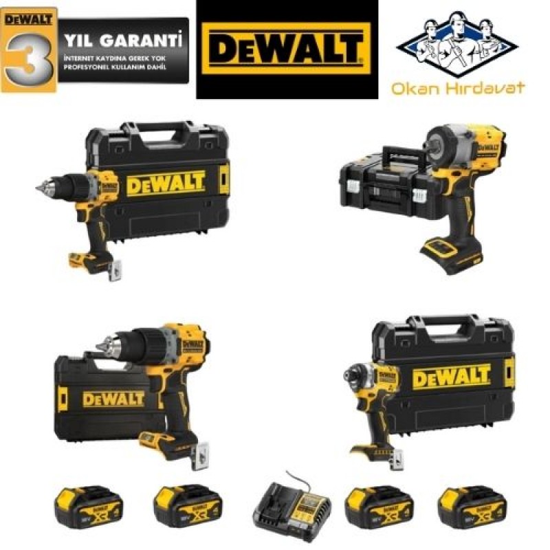DEWALT 4'LÜ SET DCD805 + DCF860 + DCD800 + DCF922 + 4 ADET 4 AMPER AKÜ + SARJ ALETİ